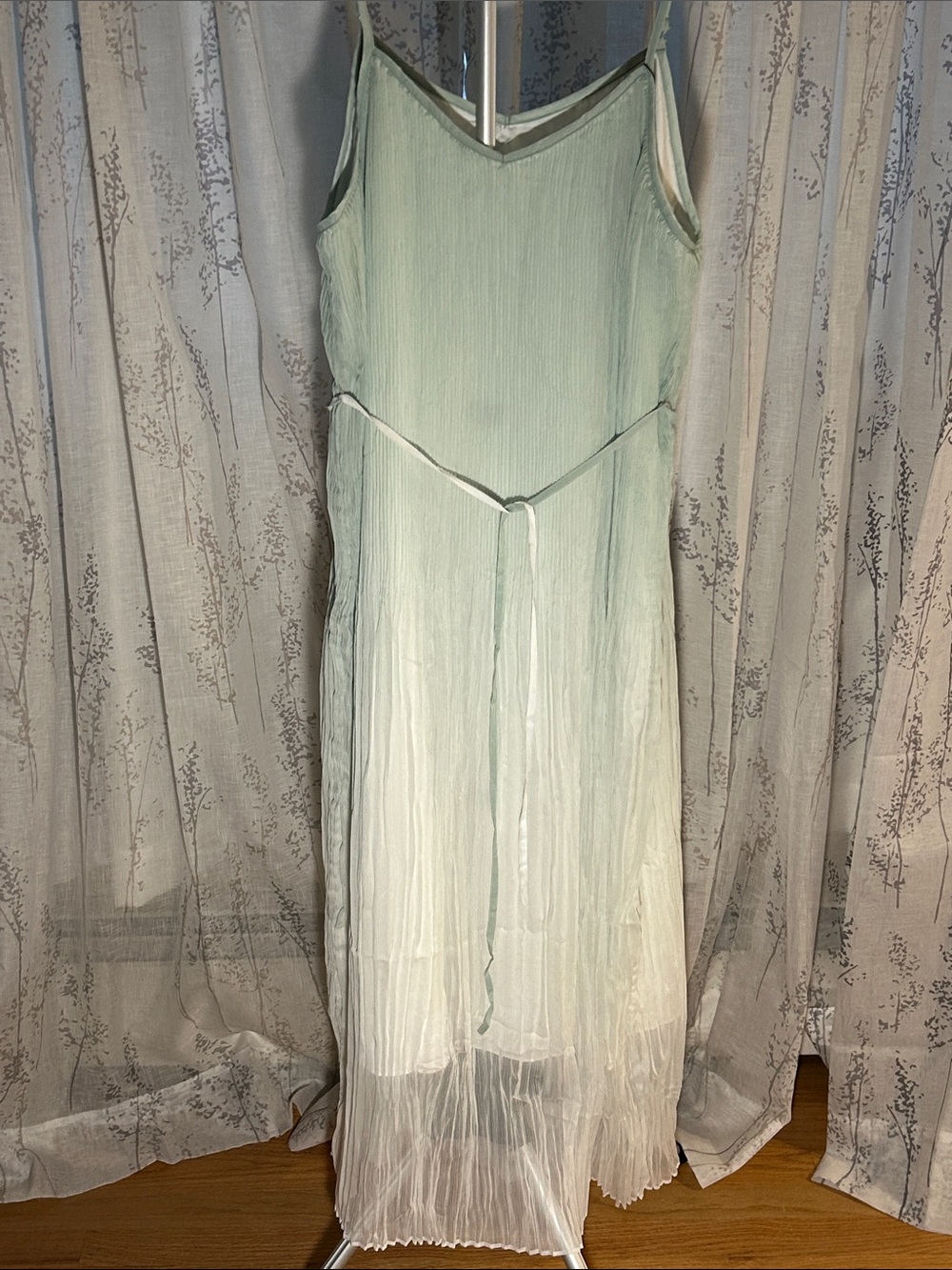 Light Seafoam Green Ombre Maxi Slip Dress with Waist Tie